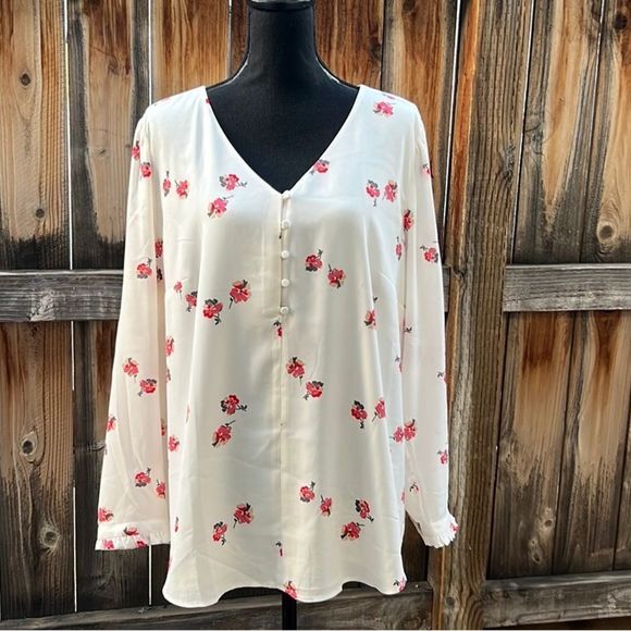 LOFT Tops - LOFT Plus blouse top ruffle floral semi-sheer long sleeve cream red gray 18